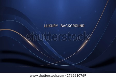Luxury abstract background on a blue gradient with elegant, flowing curves and glowing gold light lines. Vector Illustration