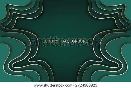 Luxury abstract background on a green color with layered, flowing wave shapes and golden lines.