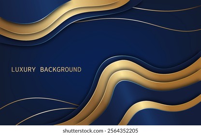 Luxury abstract background with overlapping blue and gold curved waves. Vector illustration
