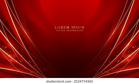 Luxury abstract background with red shades and elegant golden lines radiating from edges to center and light slightly glowing. Vector illustration