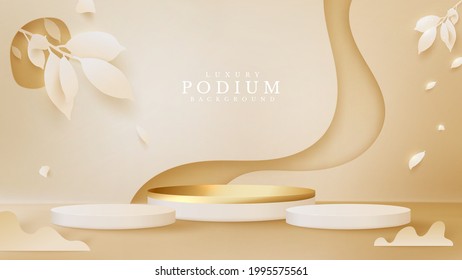 Luxury abstract background scene. gold podium and paper cut style leaves element for show product. brown color shade backdrop and stage about sweet feeling. vector illustration for design.