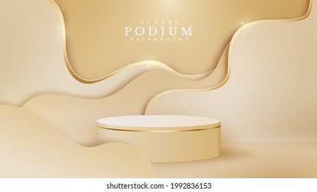 Luxury abstract background scene. golden curve lines along with cylinder shape podium for show product. cream shade color stage about sweet feeling. realistic paper cut style. vector illustration.