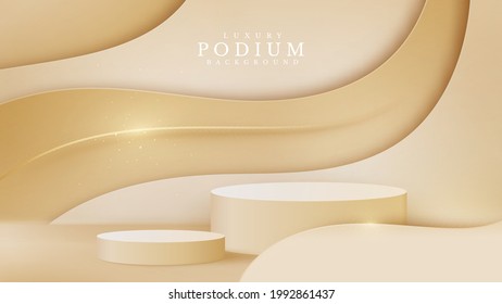 Luxury abstract background scene. golden curve lines along with cylinder shape podium for show product. cream shade color stage about sweet feeling. realistic paper cut style. vector illustration.