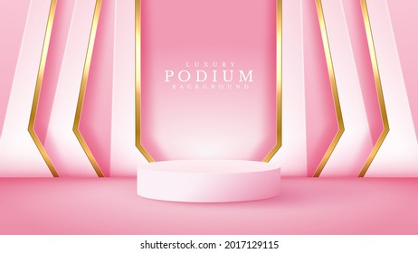 Luxury abstract background scene. golden line with cylinder shape podium for show product. pink shade color stage about sweet feeling. 3D realistic style. vector illustration.