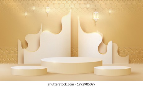 Luxury abstract background scene. lamp and golden curve lines along with cylinder shape podium for show product. islamic new year concept. realistic paper cut style. vector illustration for design.