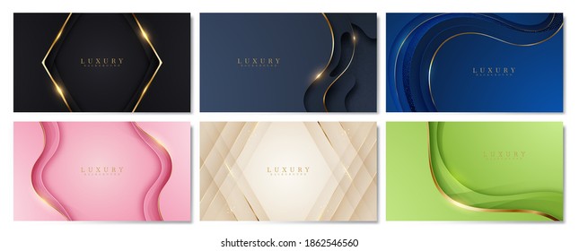 Luxury abstract background set with golden lines glittering curves, black, navy, blue, pink, green, mustard, 3d paper cut style backdrop concept. Vector illustration design.
