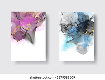 Luxury abstract background set of marble liquid ink art painting on paper. Original artwork watercolor alcohol ink paint. Vector illustration.