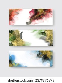 Luxuriöse abstrakte Hintergrundset mit flüssiger Marmor-Tinte auf Papier. Originale Kunstwerke Aquarellfarbe Alkoholfarbe Farbe. Vektorgrafik.