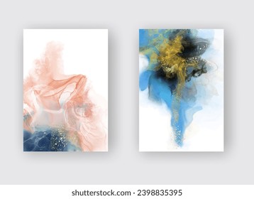 Luxury abstract background set of marble liquid ink art painting on paper. Original artwork watercolor alcohol ink paint. Vector illustration.