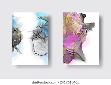 Luxury abstract background set of marble liquid ink art painting on paper. Original artwork watercolor alcohol ink paint. Vector illustration.