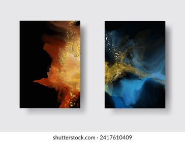 Luxury abstract background set of marble liquid ink art painting on paper. Original artwork watercolor alcohol ink paint. Vector illustration.