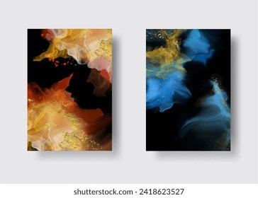 Luxuriöse abstrakte Hintergrundset mit flüssiger Marmor-Tinte auf Papier. Originale Kunstwerke Aquarellfarbe Alkoholfarbe Farbe. Vektorgrafik.