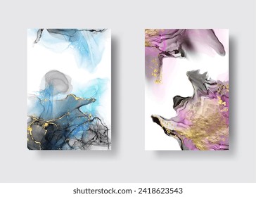 Marco abstracto de lujo con cuadros de arte en tinta líquida de mármol sobre papel. Pintura original de tinta de alcohol acuarela de arte. Ilustración vectorial.