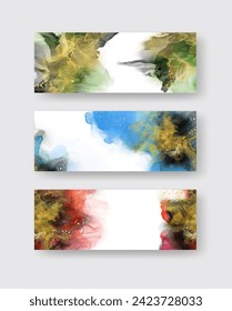 Luxury abstract background set of marble liquid ink art painting on paper. Original artwork watercolor alcohol ink paint. Vector illustration.