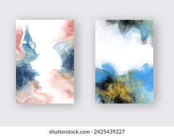 Luxury abstract background set of marble liquid ink art painting on paper. Original artwork watercolor alcohol ink paint. Vector illustration.