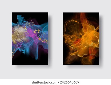Conjunto de fondo abstracto de lujo de pintura de arte de tinta líquida de mármol sobre papel. Obra de arte original acuarela alcohol tinta pintura. Ilustración vectorial.