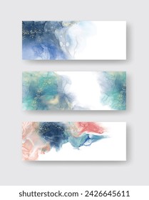 Luxury abstract background set of marble liquid ink art painting on paper. Original artwork watercolor alcohol ink paint. Vector illustration.
