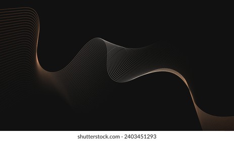 Luxury abstract banner template with flowing gold lines on black background with copy space for text. Shiny dynamic light stripes. Premium wavy wallpaper.