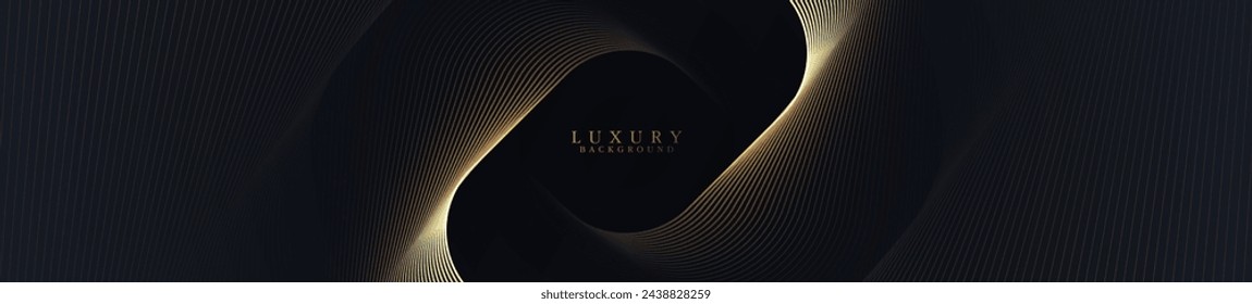 Fondo negro abstracto de lujo con líneas doradas. Patrón de líneas geométricas de oro brillante. Elegante banner horizontal oscuro. Traje para la cubierta, cabecera, banner, folleto, corporativo, presentación, sitio web