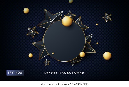 Luxury abstract black background. Modern stars shape with golden list and golden balls on textured dark background.