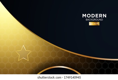 Luxury abstract black background. Modern stars shape with golden lines and circle,on hexagon textured dark background.