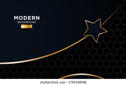 Luxury abstract black background. Modern stars shape with golden lines and circle,on hexagon textured dark background.