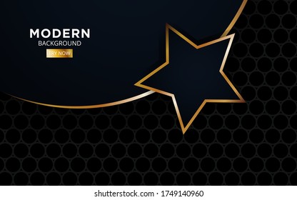 Luxury abstract black background. Modern stars shape with golden lines and circle,on hexagon textured dark background.