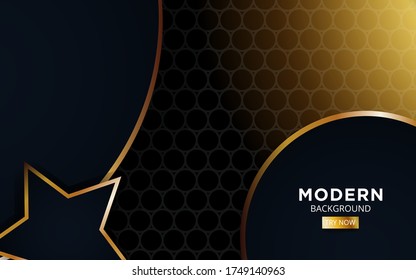 Luxury abstract black background. Modern stars shape with golden lines and circle,on hexagon textured dark background.