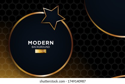 Luxury abstract black background. Modern stars shape with golden lines and circle,on hexagon textured dark background.