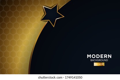Luxury abstract black background. Modern stars shape with golden lines and circle,on hexagon textured dark background.