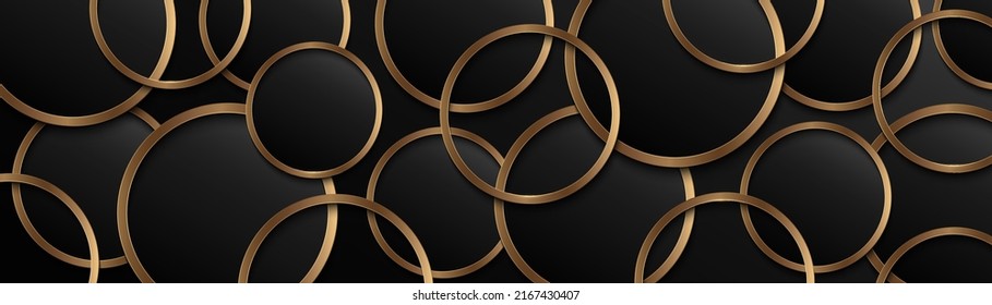 Luxury abstract black background with shiny gold rings overlap pattern. Realistic black and golden circle shape graphic element. Elegant geometric shape texture design. Vector illustration