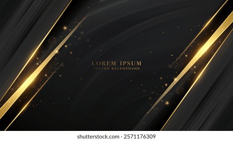 Luxury abstract black and gold background with diagonal stripes, glowing golden lines, and sparkling particles scattered throughout the composition. Vector illustration
