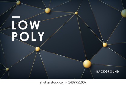 Luxury abstract black low poly background. Modern polygon shape with golden list on dark background.