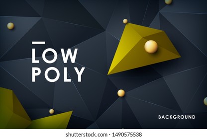 Luxury abstract black low poly background. Modern polygon shape with golden list on dark background.