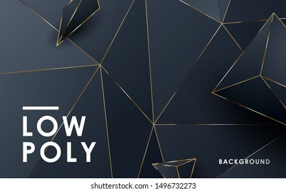 Luxury abstract black low poly background. Modern polygon shape with golden list on dark background.