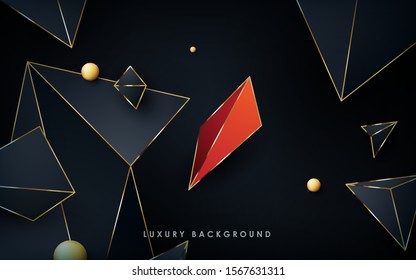 Luxury abstract black low poly background. Modern polygon shape with golden list on dark background.