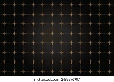 Luxury Abstract Black Metal Background with Golden Light Lines. Dark 3d Geometric Texture Illustration. Bright Grid Pattern. Pure Black Horizontal Banner Wallpaper. Carbon Elegant Wedding BG