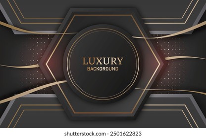 Luxury abstract black polygonal shape with  golden lines on a dark background