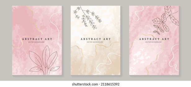 Luxury abstract botanic wall art. Minimal rose glod watercolor texture with golden leaves and branch in line art style set. Design for wall decoration, banner, covers, postcard.