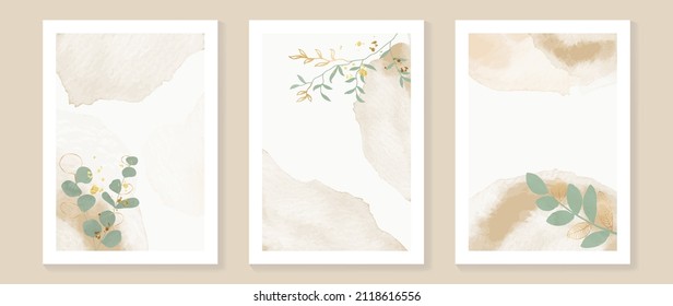 Luxury abstract botanic wall art. Minimal warm tone watercolor texture with golden leaves and branch in line art style set. Design for wall decoration, banner, covers, postcard.