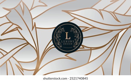 Luxury abstract botanical art background with tropical leaves in line style. Luxury banner with exotic plants for decoration, print, wallpaper, textile, and packaging.