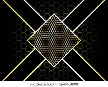 Luxury abstract carbon fiber background with golden luminous shapes, lines and highlights on a carbon grid. Modern hexagonal background. Modern futuristic luxury backdrop.