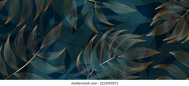 Luxury abstract dark art background with tropical leaves in gold line art style. Botanical banner with exotic plants for wallpaper design, decor, print, packaging, textile, interior