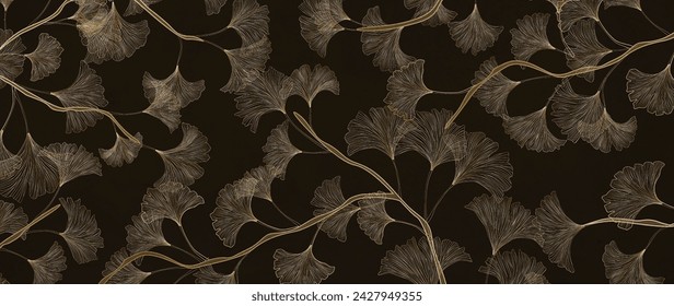 Luxury abstract dark art background with ginkgo leaves in golden line style. Botanical vector banner for design of wallpaper, packaging, textile, interior design, poster, print.