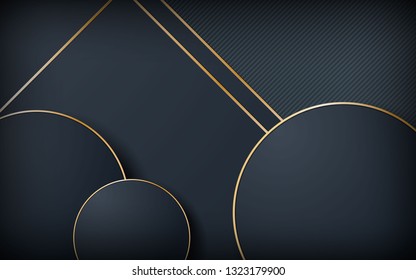 Fondo oscuro abstracto de lujo con forma circular. Línea dorada realista y forma objetos texturados.