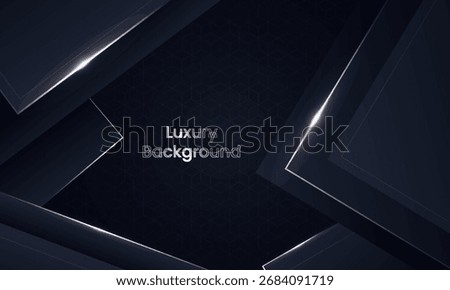 Luxury abstract dark blue background with geometric layers, sparkling silver edges, and a subtle hexagonal pattern for premium designs.