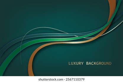 Luxury abstract design with elegant, flowing curves in shades of green, blue, and gold against a deep green background. Luxury style. Vector illustration