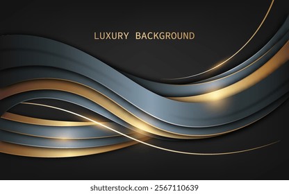 Luxury abstract design with flowing, layered curves in shades of dark gray, gold, and bronze set against a black background. Luxury style. Vector illustration