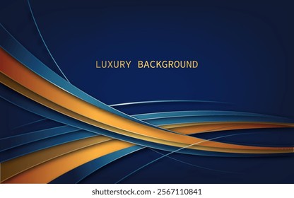 Luxury abstract design with layered, flowing curves in shades of blue, orange, and gold set against a deep navy blue background.  Vector illustration