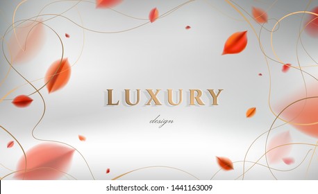 Luxury abstract Fall background with red autumn leaves and golden frame elegant decoration vector design